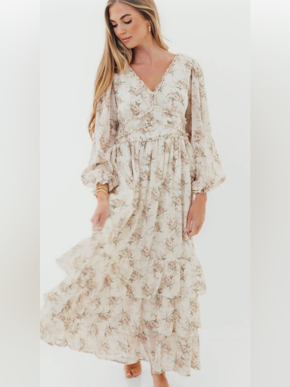 Shenae Ruffled Tiered Floral Maxi Dress in Vintage Cream